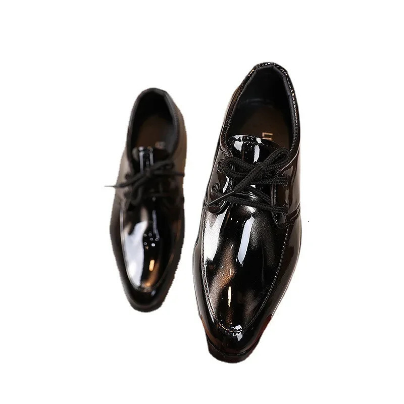Children Patent Leather Shoes Fashion Pointed Toe Lace Up Boy Shoes Black Casual Dress Flats Comfortable Soft Sole Kids Shoes 241220
