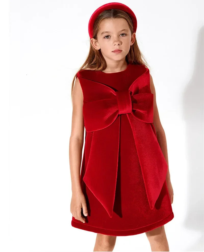 Fashion Girls Christmas Red Party Dress Big Bow Vest Dress Corduroy Girls Year Greeting Dress 1-6T 241219