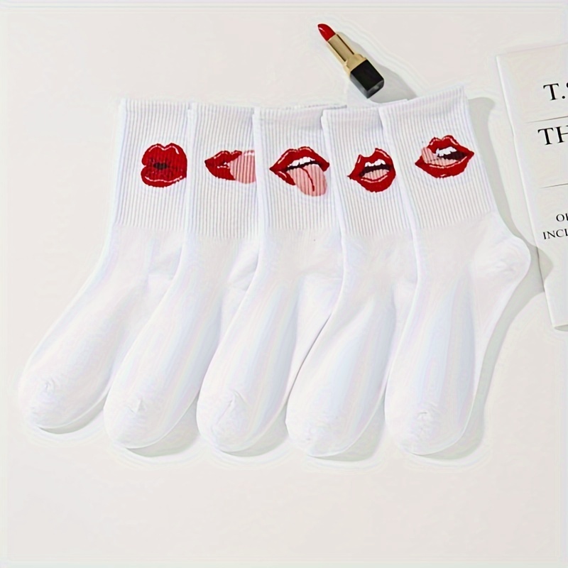 5 pairs of white Korean ins tide red lips college style sports women mid-calf socks couple models wholesale