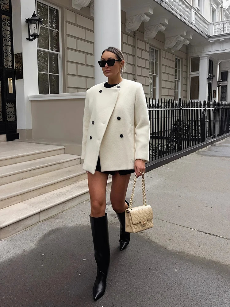 TRAF autumn and winter womens irregular double-breasted tweed jacket Elegant long-sleeved round neck jacket tops 241220