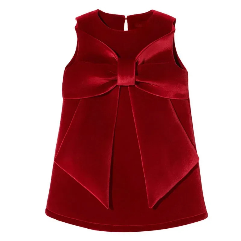 Fashion Girls Christmas Red Party Dress Big Bow Vest Dress Corduroy Girls Year Greeting Dress 1-6T 241219