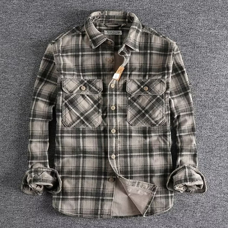 Cross-border American clicker retro spring and fall men's classic plaid long-sleeved shirt washed corduroy comfortable literary tide m045