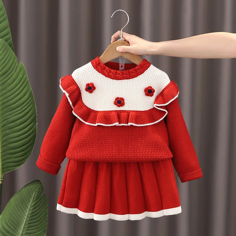 Autumn Winter Toddler Girls Clothes Set 3D Flower Lace Kids Girls Sweater Color Contrast Knitted 1-6Y Girls Pleated Skirt Outfit 241219