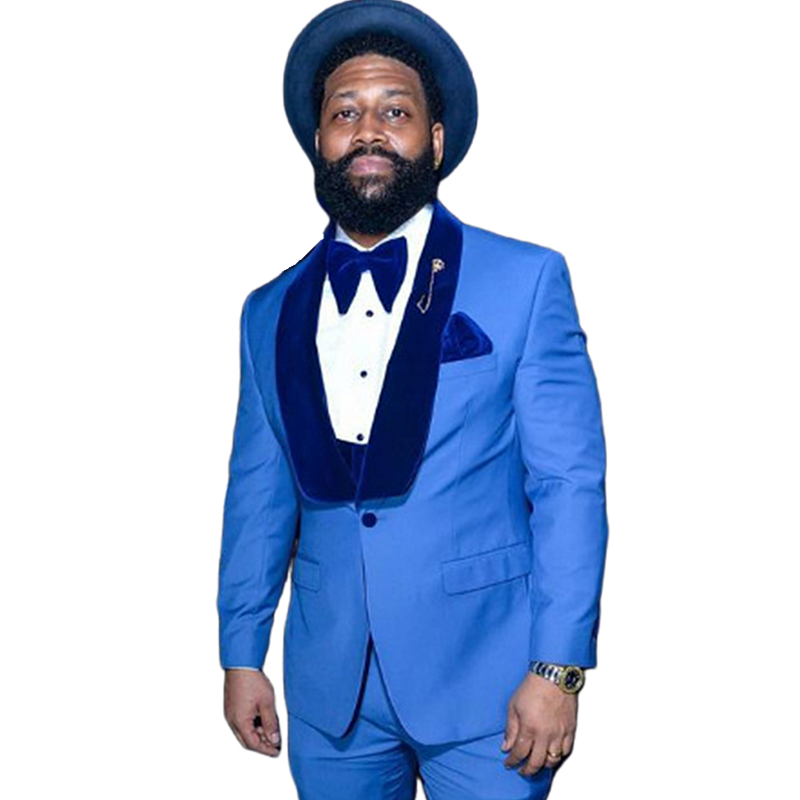 Slim Fit Blue Wedding Tuxedos With Velvet Shawl Lapel Two Pieces Men Suits Jacket And Pants Groom Wear Prom Party Blazer Dinner Suit