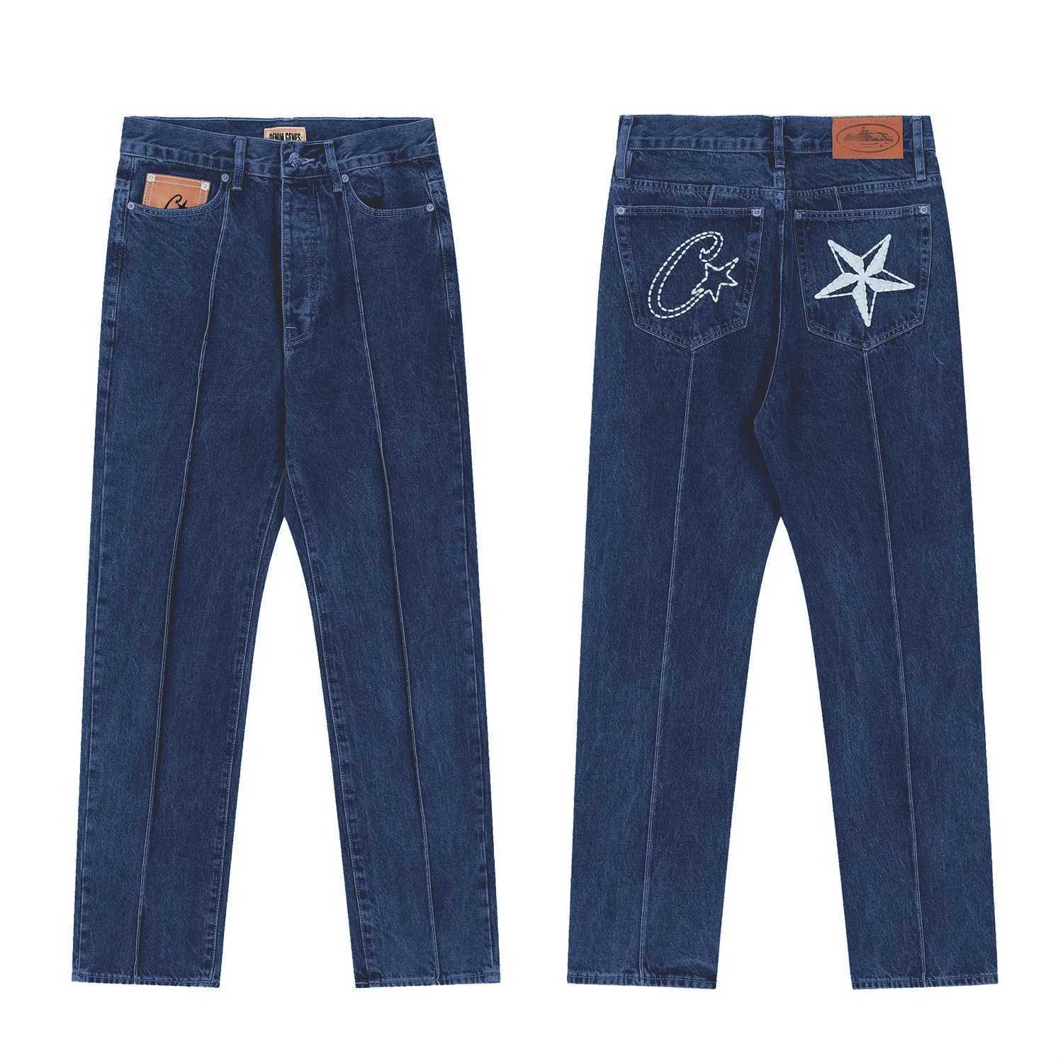 American High Strt retro Distressed jeans with star embroidery casual cut pants mens polo shirt Camisas De Homb Y241219