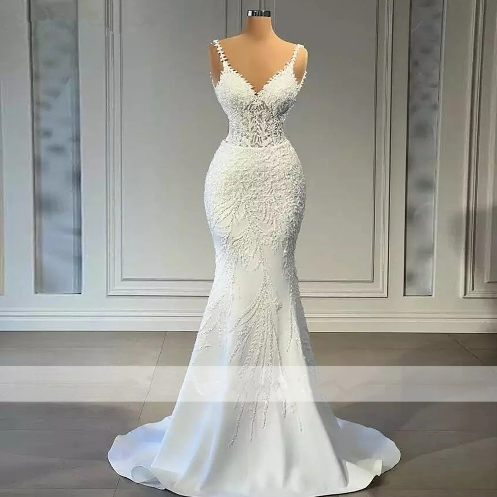 Luxury V Neck Mermaid Lace Wedding Dresses Sleeveless Pearls Beaded Satin Bridal Gowns with Detachable Train Customized Vestido De Novia