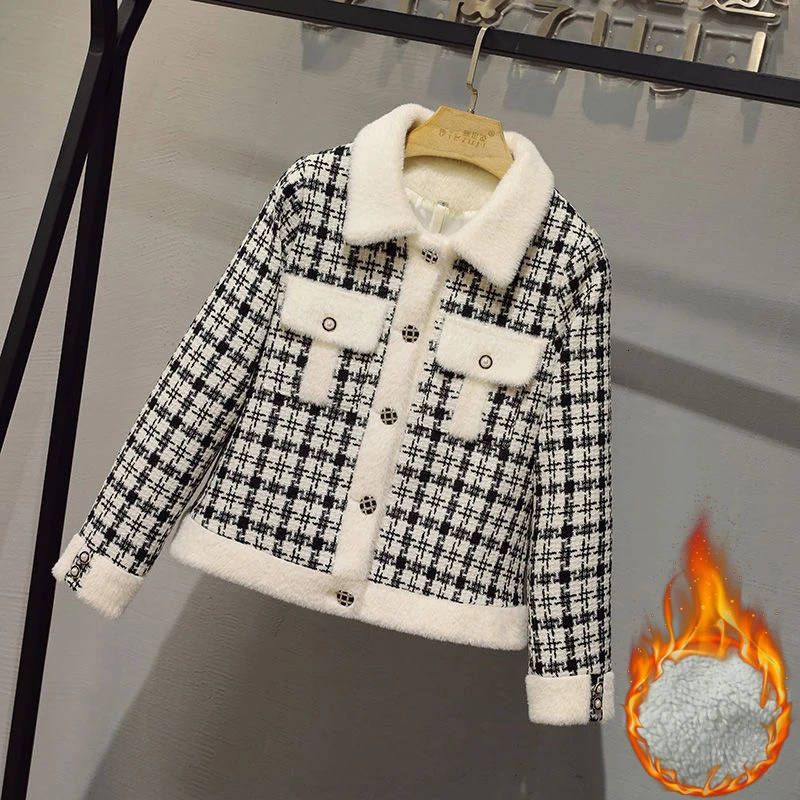 Winter Fleece Lined Woolen Jackets Coats Elegant Plaid Short Chaquetas Slim Warm Jaqueta Tops Korea Women Vintage Cropped Casaco 241220