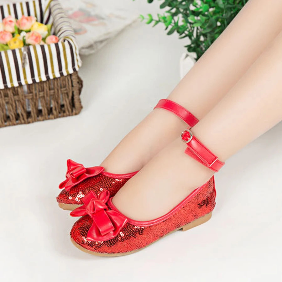 IYEAL Baby Girls Shoes For Children Princess Butterfly Sequins Flower Girl Glitter Formal Leather Kids Shoes Red/Navy Blue 241219