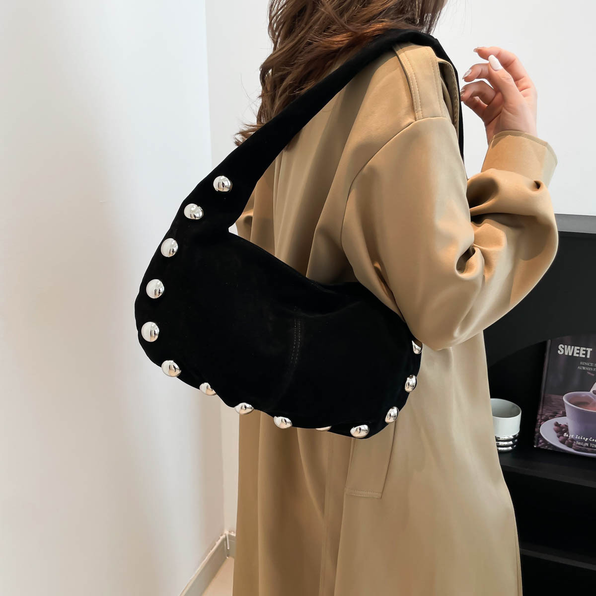 Shoulder Handbag for Women Fashion Shoulder Bag Small Underarm Purse Mini Clutch Design Shoulder Underarm Willow Nail Handbag Suede Fashionable Women 