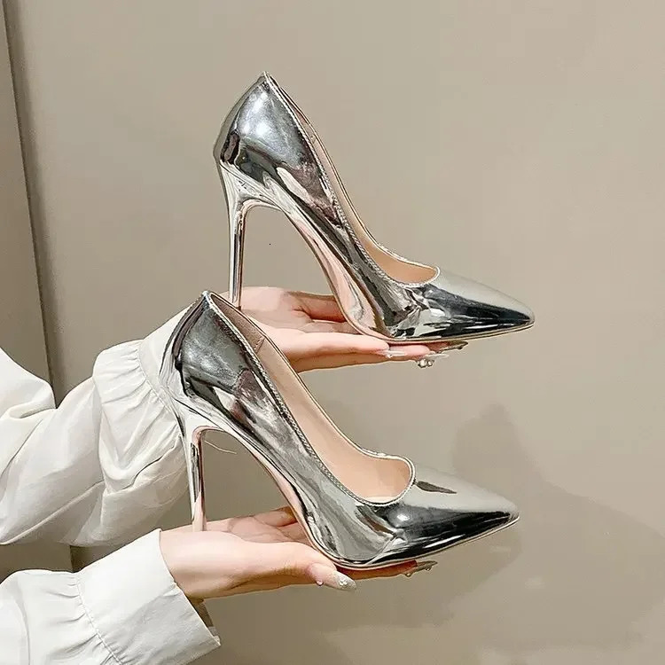 Soft Leather Sliver Gold High Heels 810cm Shoe Fashion Women Pumps Pointed Toe Slip-on Office Woman Wedding Shoes Large Size 43 241220