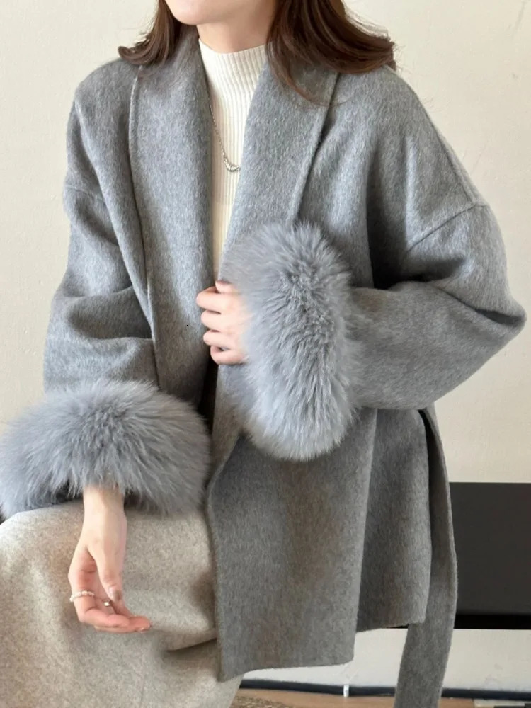 LANMREM Double Sided Wool Coat For Women Fox Fur Stitching Sleeves Lapel Solid Color Belt Coats Woolen Clothing Winter 2DA2598 241217