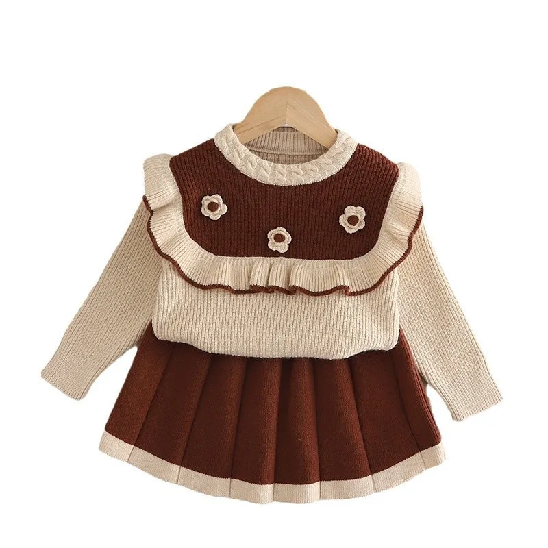 Autumn Winter Toddler Girls Clothes Set 3D Flower Lace Kids Girls Sweater Color Contrast Knitted 1-6Y Girls Pleated Skirt Outfit 241219
