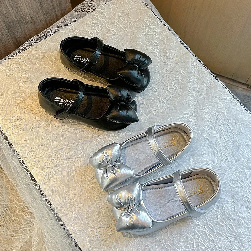 Children Leather Shoes for Girls Autumn Fashion Korean Style Soft Anti-slippery Chic Princess Bowtie Versatile Flats 241220