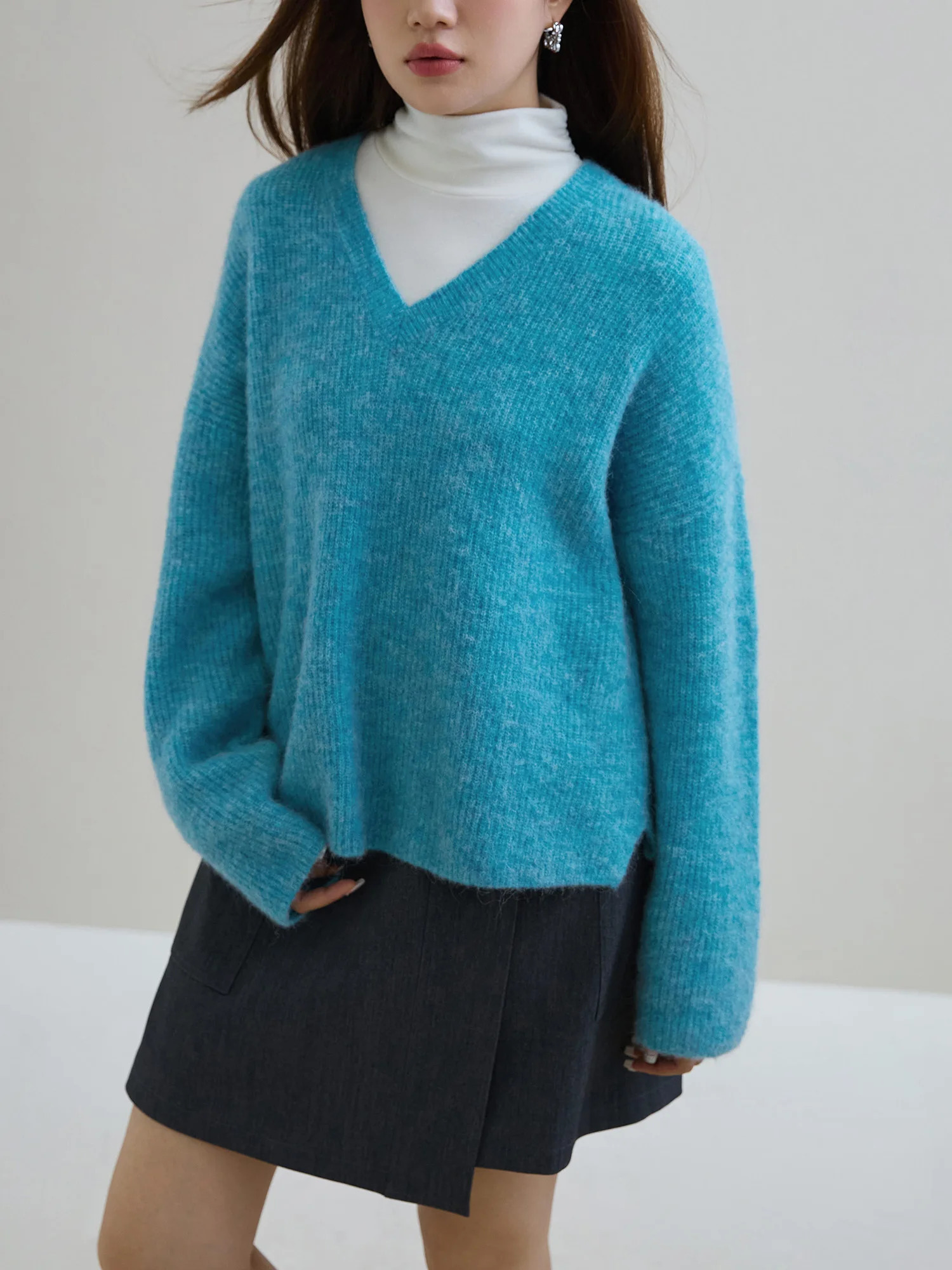 DUSHU 30.7% Wool 35% Alpaca Women Blue Pullover Sweaters V-Neck Grey Casual Winter Warm Sweater Loose Simple Tops 23DS84278 241217