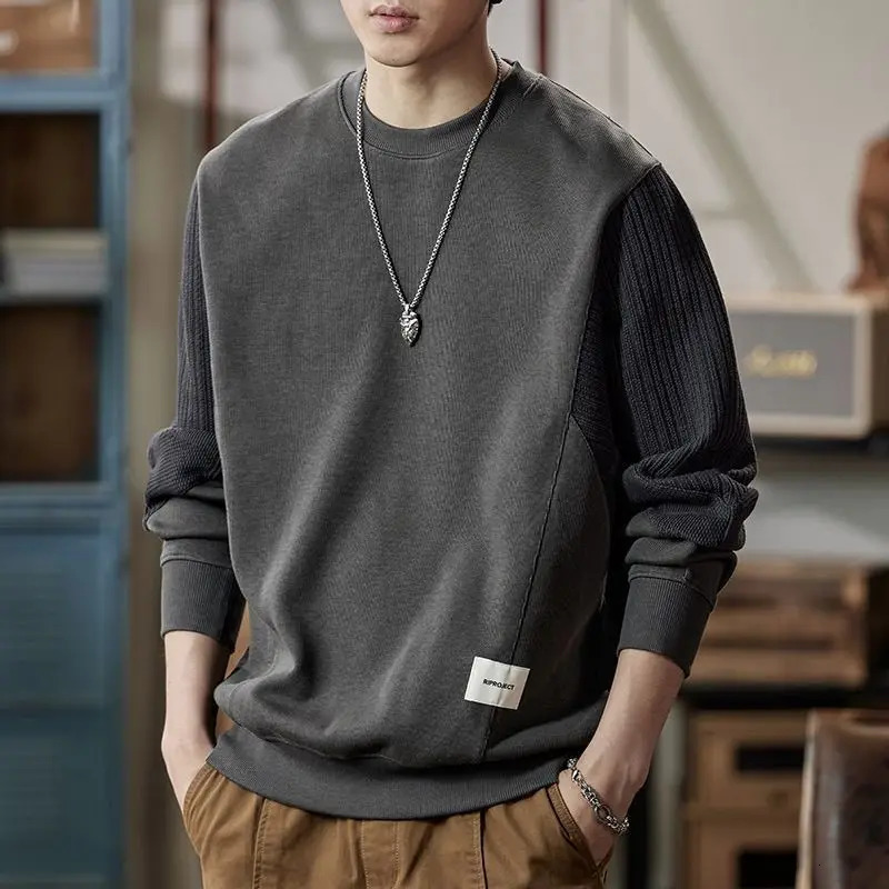 Mens Clothing Trendy Appliques Patchwork Simple Casual Sweatshirt Y2K Streetwear Round Neck Long Sleeve Loose Pullover Hoodies 241217