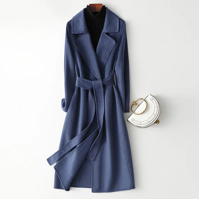 Women Autumn 100% Wool Coats Double Face Woolen Long With Belt Elegant Cashemere Coat Veste Femme Tops 241217
