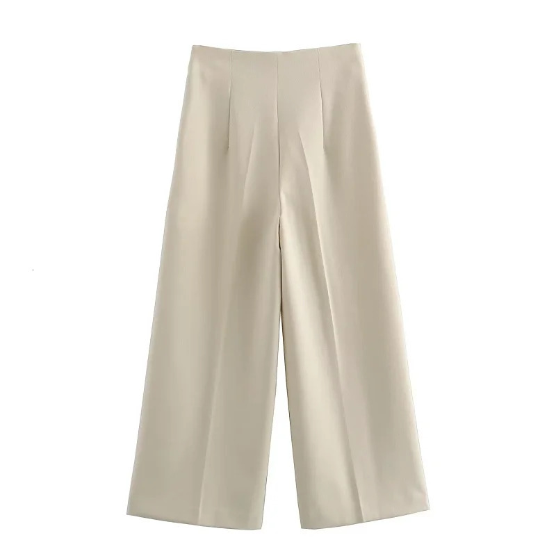 TRAF Beige Women Pants Wide Leg Zipper Lady In Spring Summer Mid Waist Fashion Elegant Office Clothing 241218