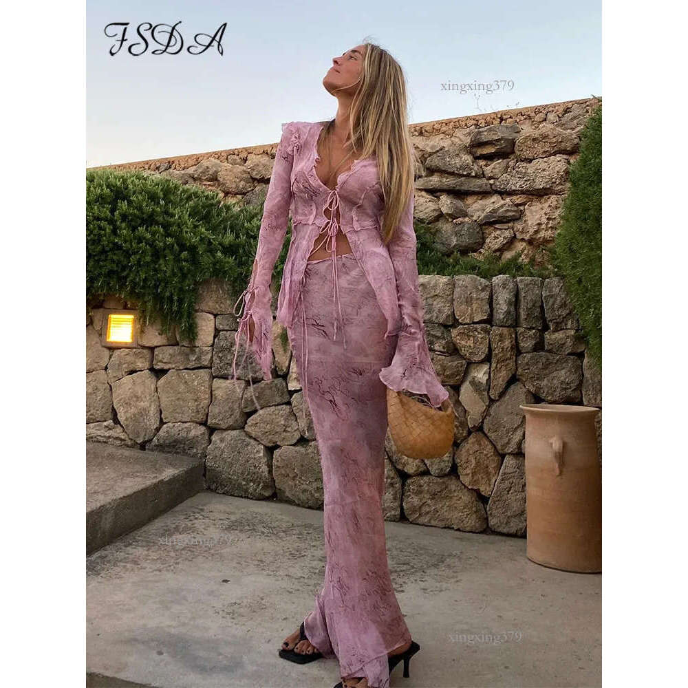 Two Piece Dress FSDA Print Y2K Mesh Long Sleeve Top Shirts Green And Maxi Skirt Bodycon Sexy Two Piece Sets Beach Outfits Women Club 230130