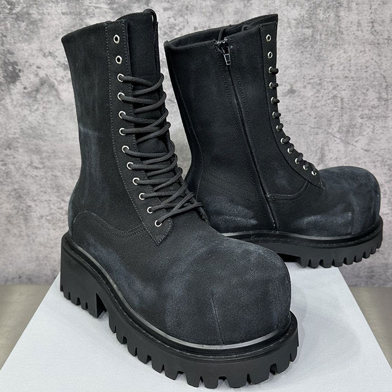MENS STOMPE BOOTIE IN BLACK designer bootie in cotton canvas mens winter boots anti slip wear resistant thick toed rubber outsole lace up platform boots