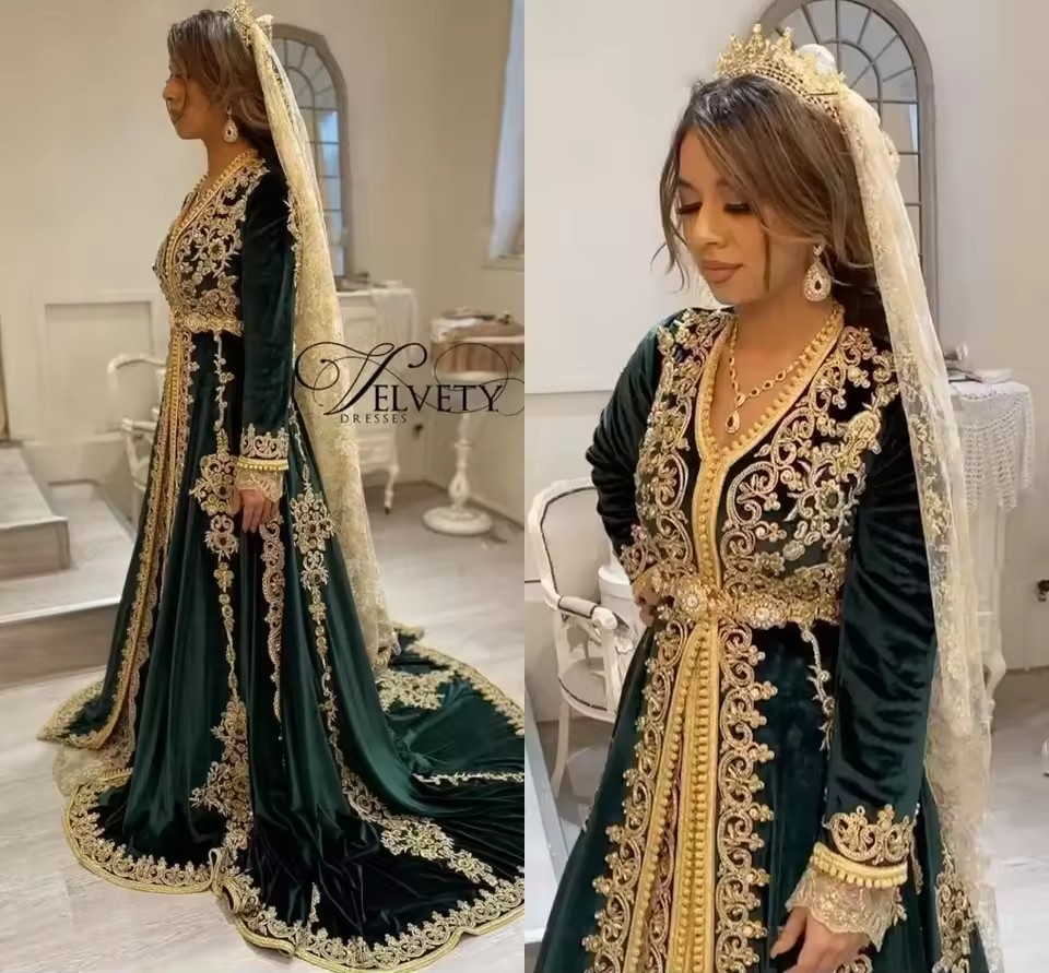 Emerald Green Moroccan Kaftan Evening Dress - Long Sleeve Veet Applique Islamic Prom Dress, Custom Made