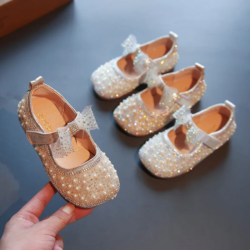 Girls Princess Shoes Childrens Fashion Bow Rhinestone Leather Kids Shoe Baby Girls Party Student Flat Shoes E584 241220