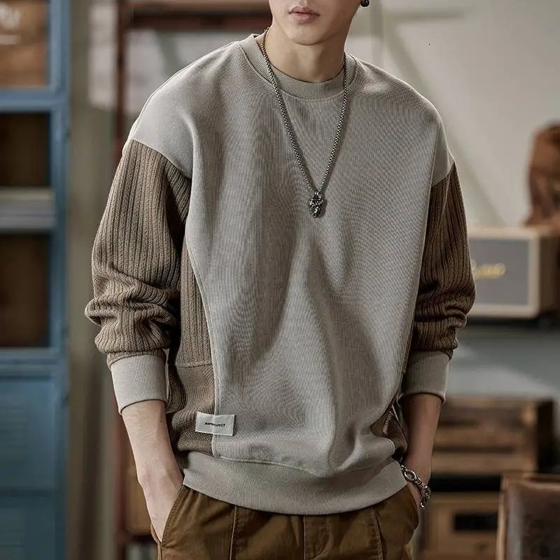 Mens Clothing Trendy Appliques Patchwork Simple Casual Sweatshirt Y2K Streetwear Round Neck Long Sleeve Loose Pullover Hoodies 241217