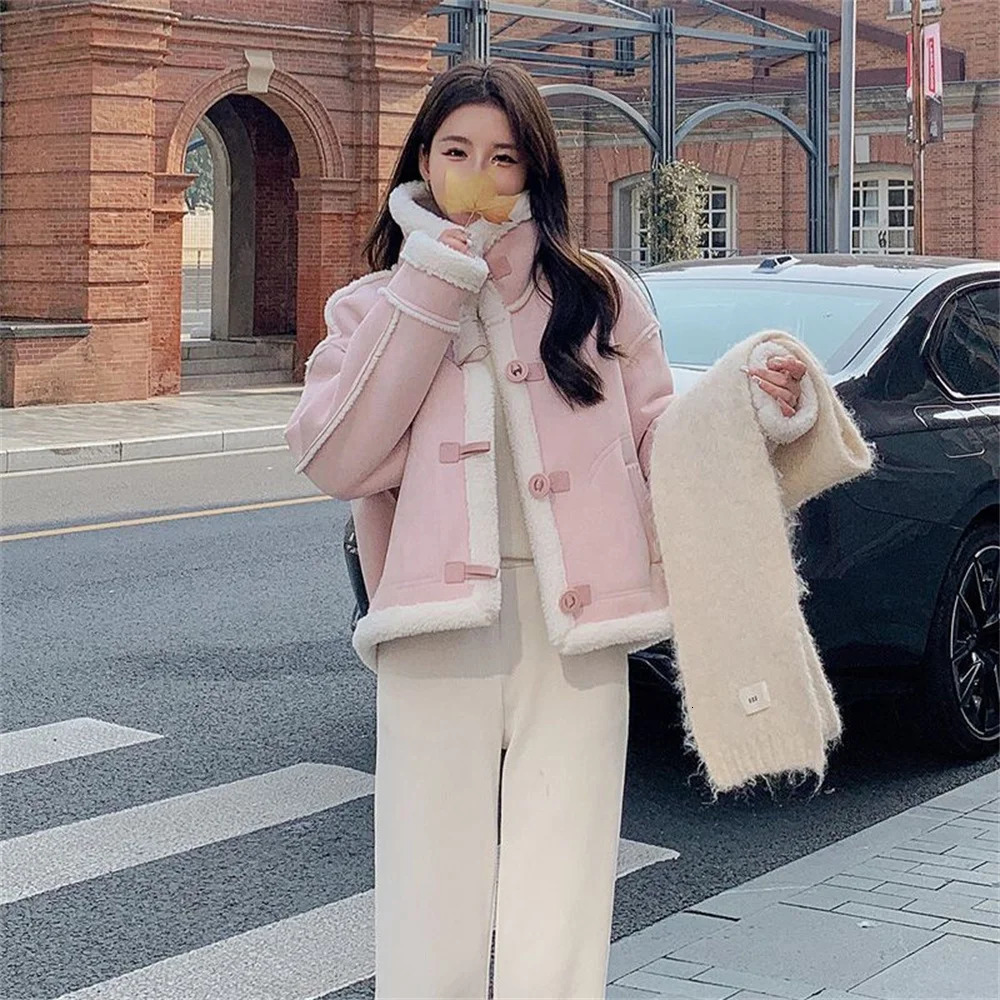 Academy Style Fashion Autumnd Lamb Fur Jacket for Womens Winter 2024 Spring Loose Thickened Deer Skin Velvet Fur Coats Pink Top 241216