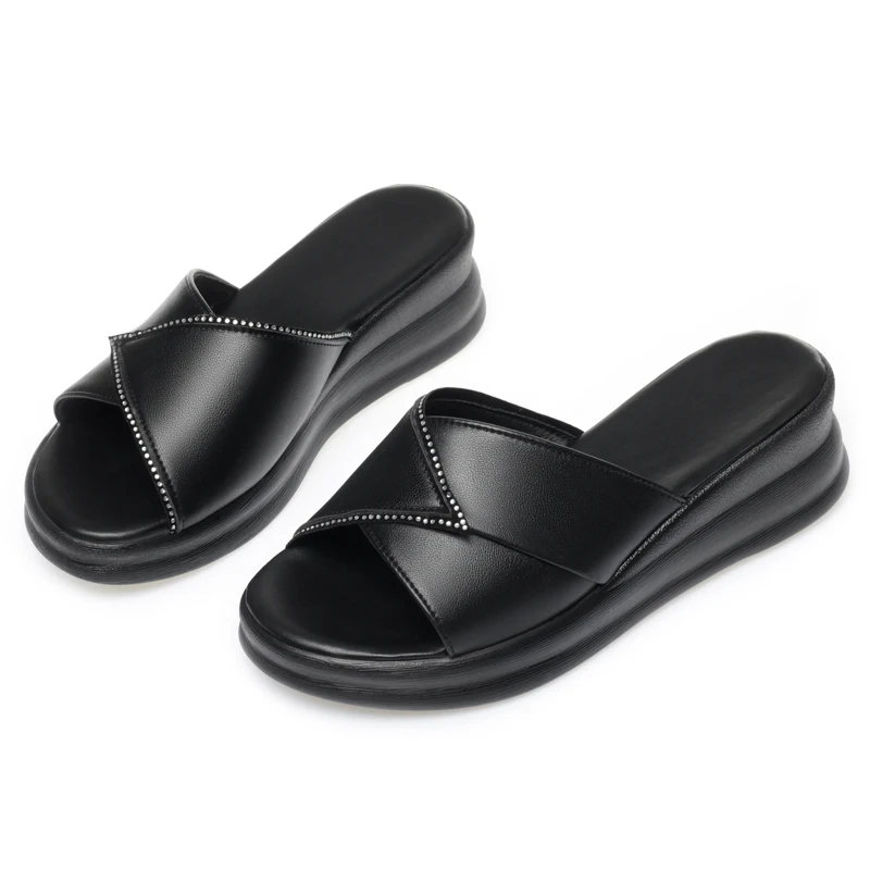 AIYUQI Women Slippers Wedge Genuine Leather Summer Slippers Women Large Size Casual Mom Slippers Ladies