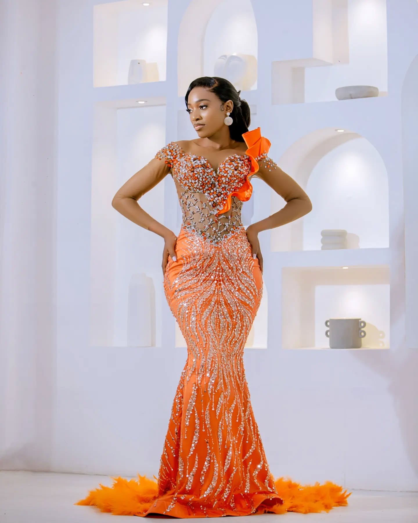 Mermaid Orange Prom Dresses Rhies Beaded Sequined Evening Formal Party Second Birthday Engagement Gowns Plus Size Dress For Special Ocns D