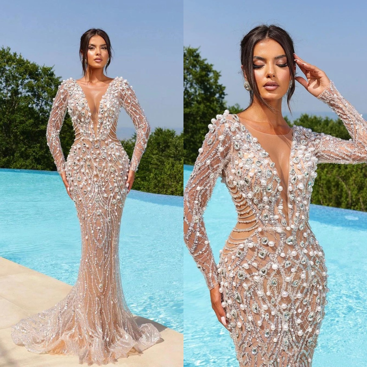 Evening Dresses For Women Sheer Neck Long Sleeves Gown Pearl Beaded Sequins Sweep Train Customized Dress Party
