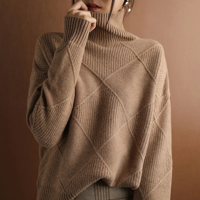 Cashmere sweater women turtleneck sweater pure color knitted turtleneck pullover 100% pure wool loose large size sweater women 241217