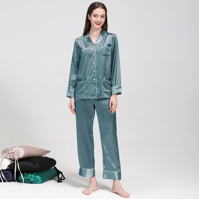 B615-Silk Pajama Set Women's Summer Silk Gray Long Sleeve Two-piece Set High-grade Lightweight