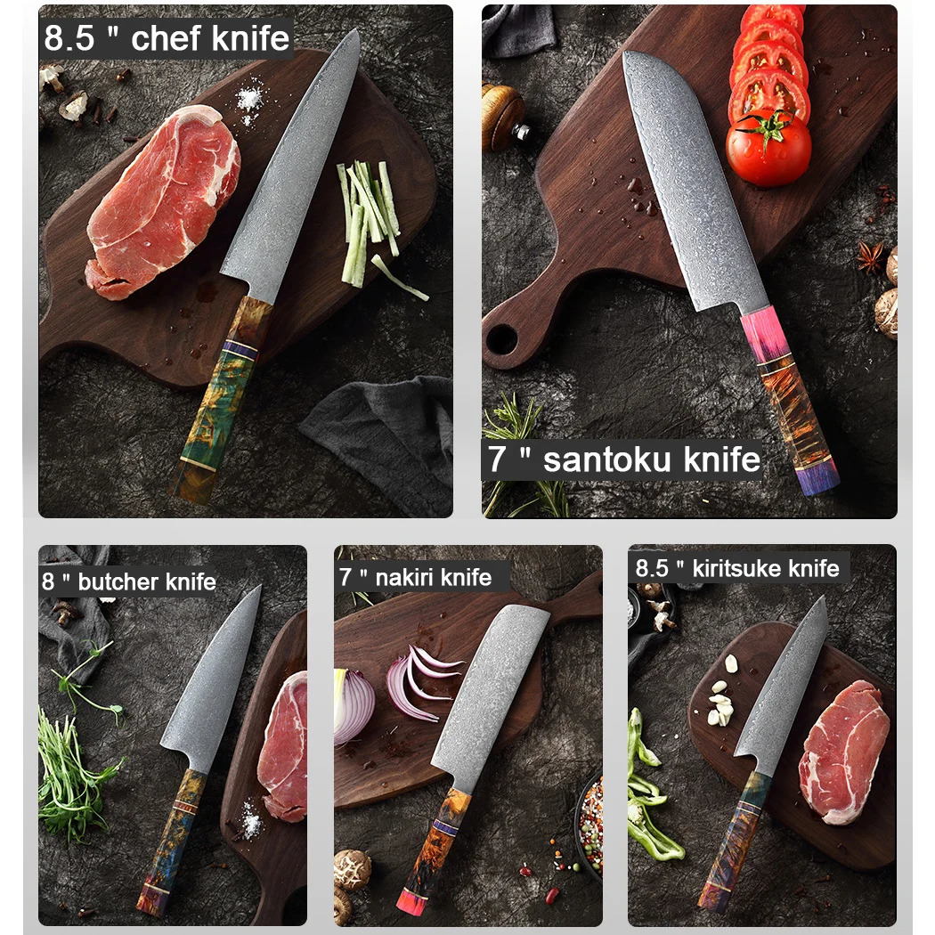 XITUO Damascus Kitchen Knife Set Chef Nakiri Knife 67 Layers Japanese Damascus Steel Chef Knife Sharp Blade Colorful Wood 241220