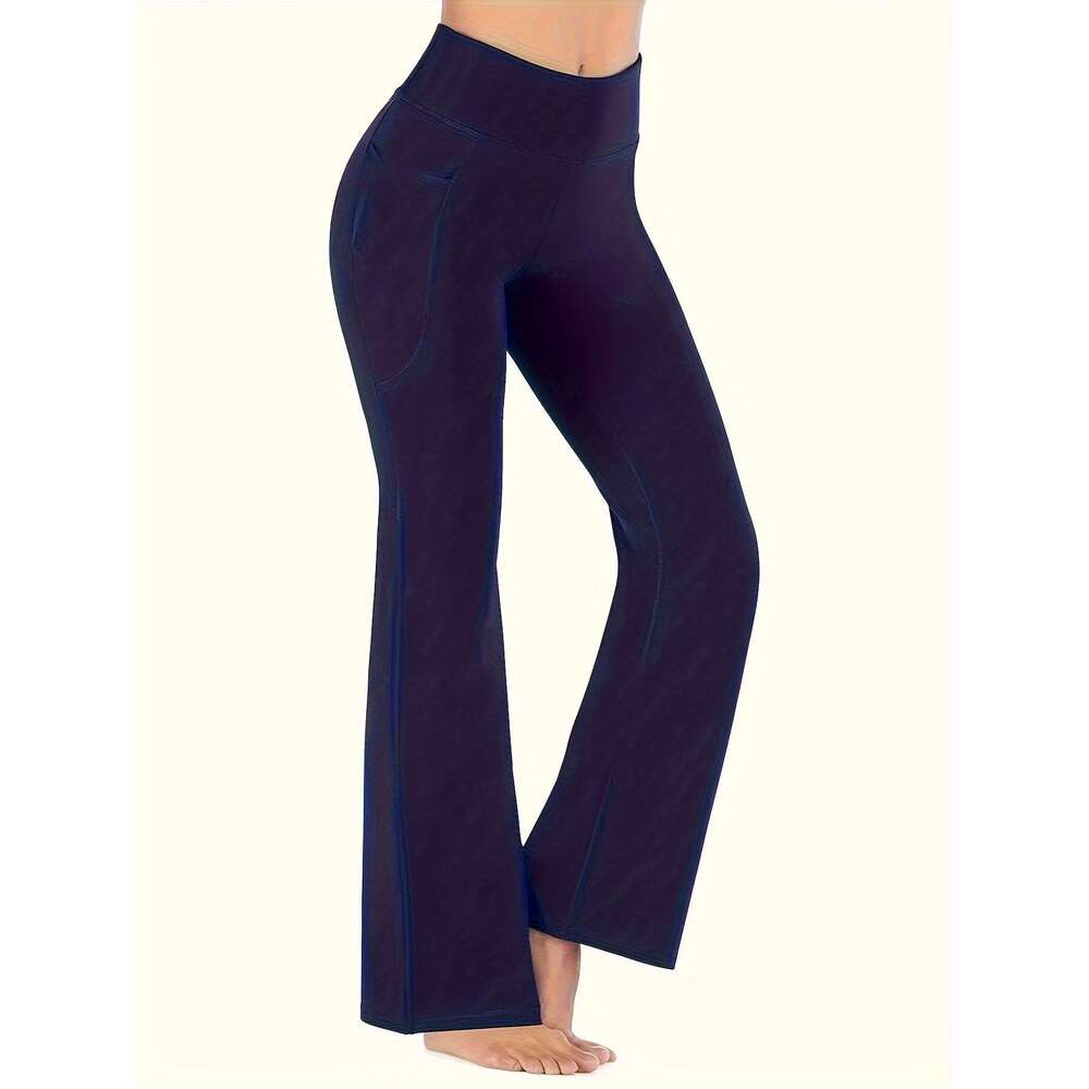 Women's 3-Pack Waist Polyester Blend Flare Yoga Pants - Elegant Solid Color, Knit Fabric with High Stretch, Long Pocket Detail, All-Season Perfor