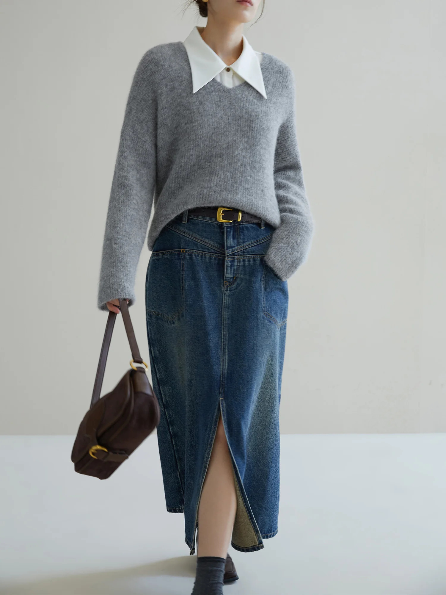 DUSHU 30.7% Wool 35% Alpaca Women Blue Pullover Sweaters V-Neck Grey Casual Winter Warm Sweater Loose Simple Tops 23DS84278 241217