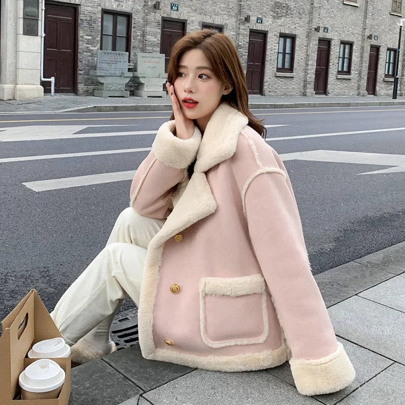Autumn/Winter Style PetiteCropped Integrated Sunday Angora Yarns Pink Tweed Style Sheep Fur Jacket For Women 241220
