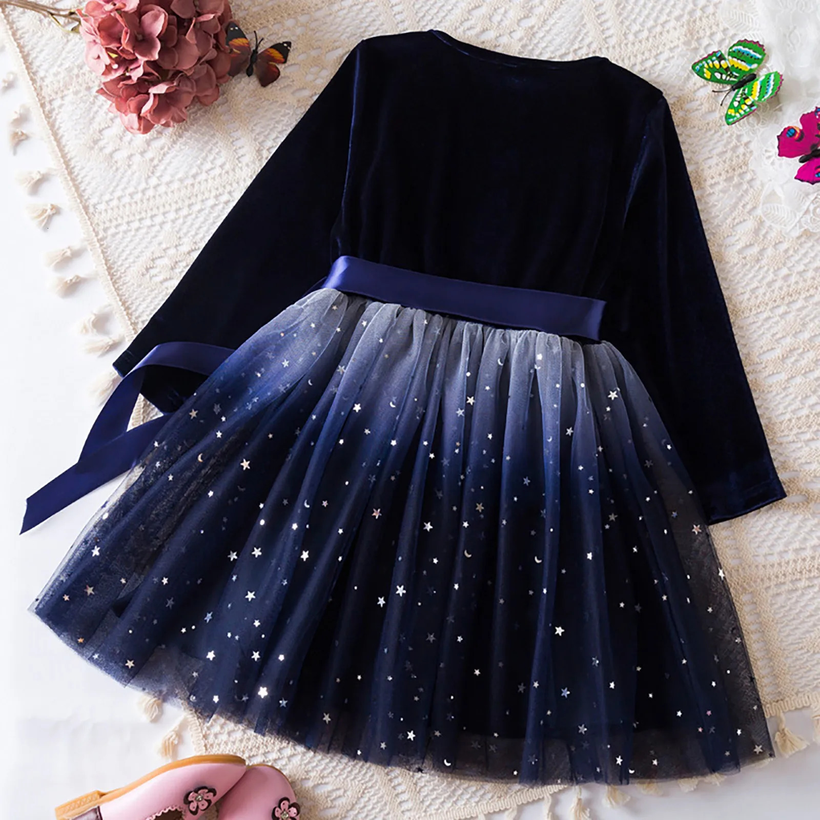 Girls Fall and Winter Christmas Gradient Mesh Long Sleeved Dress Star Printed 4T Princess Dress Bowknot Velvet Blue Dresses 241219