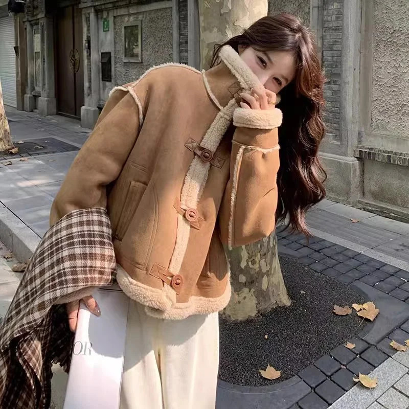 Academy Style Fashion Autumnd Lamb Fur Jacket for Womens Winter 2024 Spring Loose Thickened Deer Skin Velvet Fur Coats Pink Top 241216