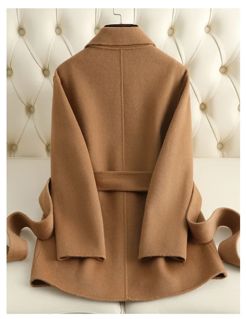 Autumn Korean Double Sided Black Short 100% Wool Coat Womens Loose Lacing Belt Red Woolen Overcoat