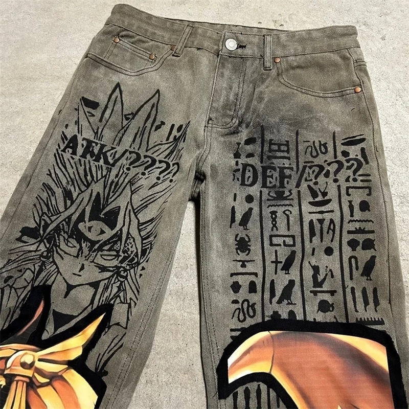 Harajuku Y2K bag jeans blue eyes white anime dragon pattern wide leg street mens clothing 241212