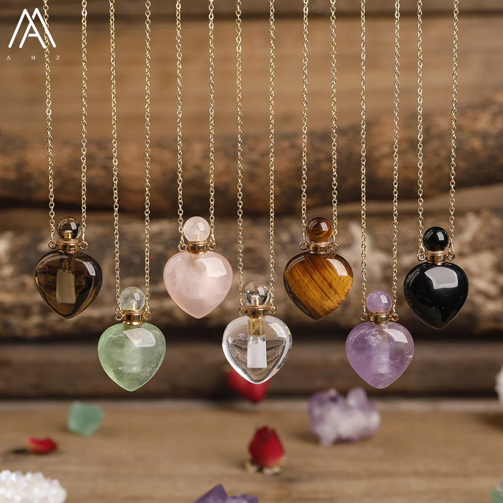 Fashion Women Heart Stone Essential Oil Pendant Necklace Roses Amethysts Quartz Perfume Bottle Necklace Jewelry Gift Dropship 241220