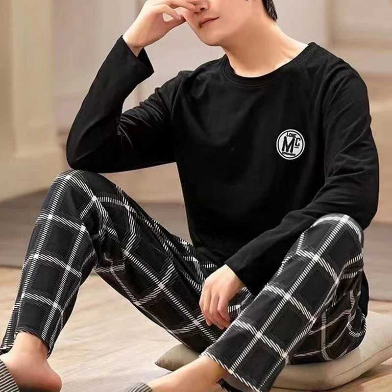 Mens long sleeved cotton autumn and winter pajamas can be worn over casual plus gray striped pajamas W241221