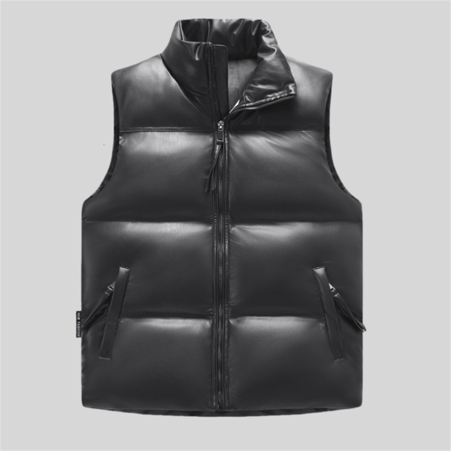 Windproof PU Leather Vest Winter Sleeveless Jacket Padded Coat Men Zipper Warm Thicken Waistcoat Thick Gilet Black Jackets