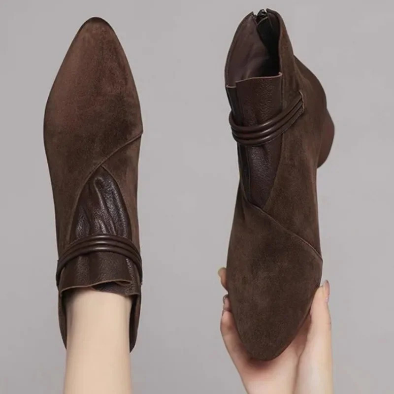 Shoes Female High Quality Ankle Womens Boots Elegant Modern Boots Women Sewing Pointed Toe Low Heel Back Zip Shoes Women 241220