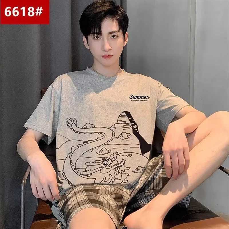 Two piece mens sleepwear set short sleeved student sleepwear round neck Yonthcartoon letter striped sleepwear lounge W241221