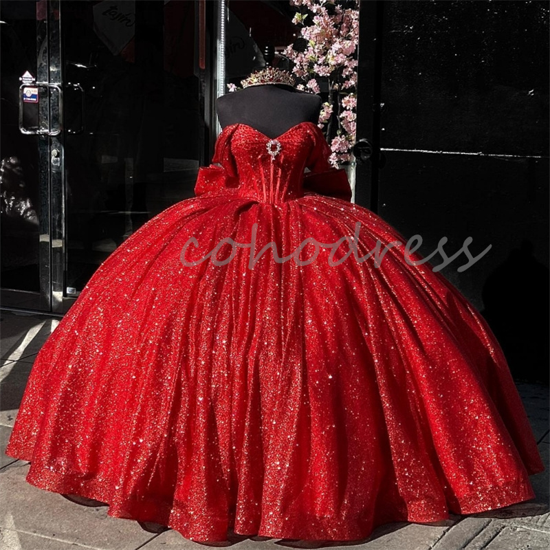 Amazing Sequin Red Quinceanera Dress Charro Beaded Off Shoulder Vestido 15 Xv Anos Quinceanera Sixteen Birthday Party Customized Shine Ball Gown Prom 