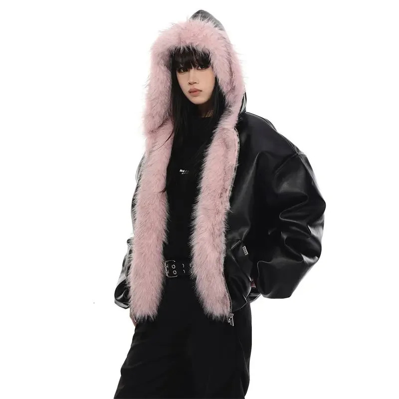 Y2K Trendy American High Street PU Fur Collar Hooded Leather Jacket Retro Goth Hiphop Zipper Unisex Loose 241216