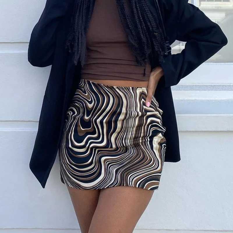 Y2k European and American Summer Vortex Water Wave Pattern Elastic High Waist Slim Wrapped Hip Short Skirt for WomenXJ241221