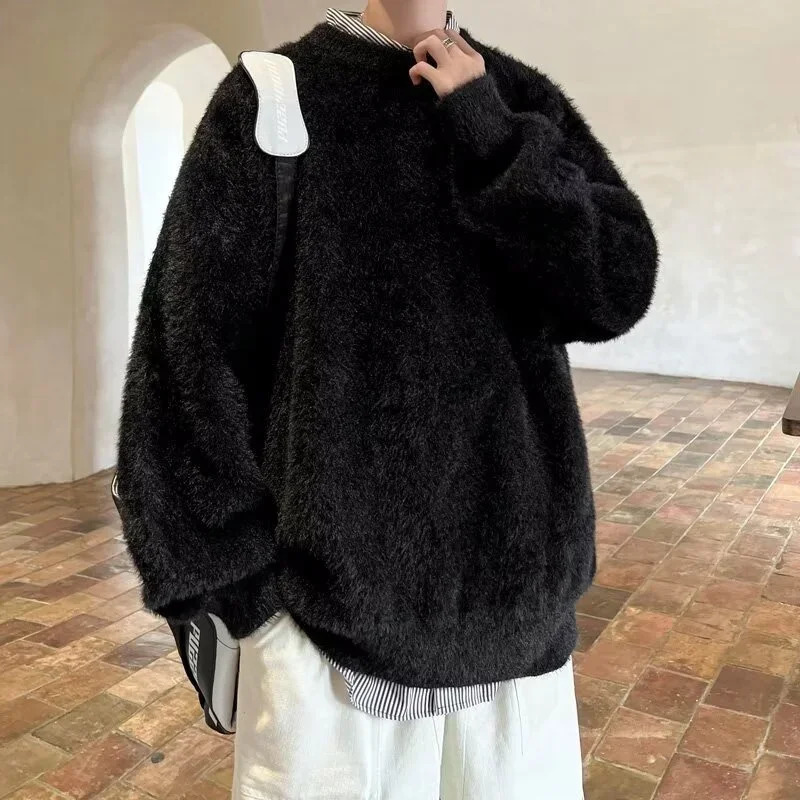 Autumn Mens Solid Fluffy Knitted Sweaters Korean Fashion Loose Warm Pullovers Winter Couples Y2K Vintage Knitwear Jumpers 241220