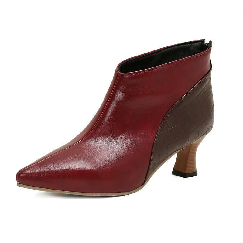 Spring And Autumn French Pointed Wood Grain Fine Ankle Boots Temperament Color Blocked Back Zipper Women's High Heels Single Shoes